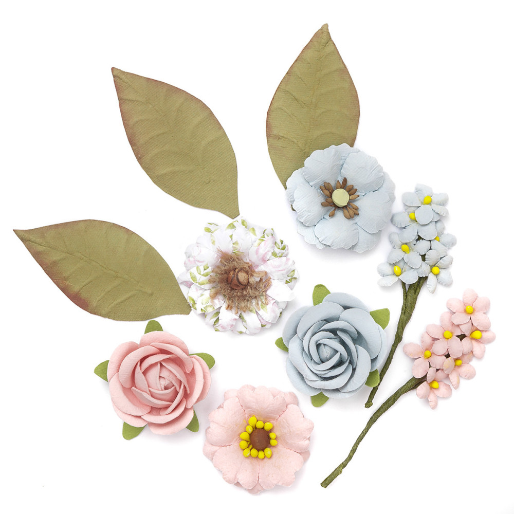 Kwiaty papierowe z liśćmi - DpCraft - różowe i niebieskie, 10 szt.