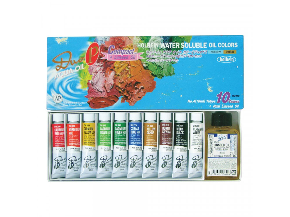 Set of Duo Aqua water soluble oil paints + linseed oil - Holbein - 10 colors x 10 ml