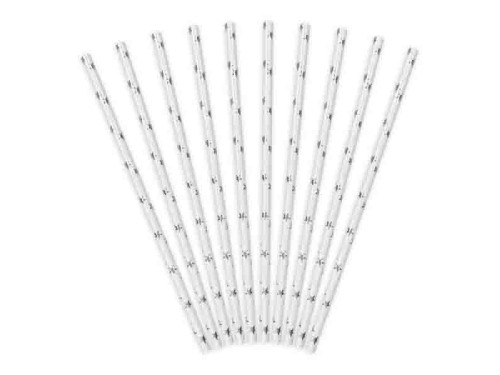 Paper straws with stars - silver, 19,5 cm, 10 pcs