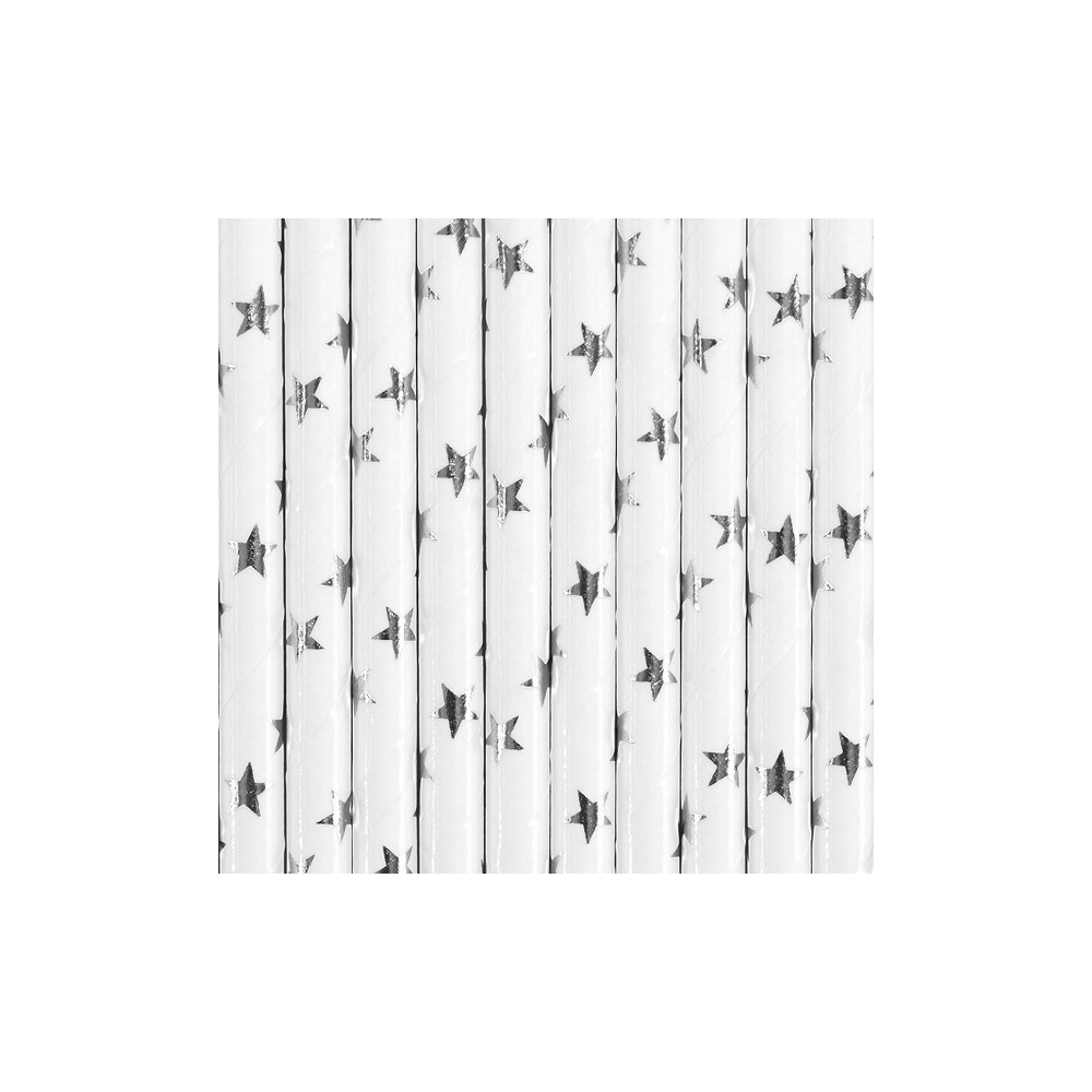 Paper straws with stars - silver, 19,5 cm, 10 pcs