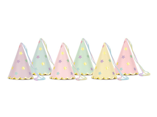 Party hats with stars - pastel, 6 pcs