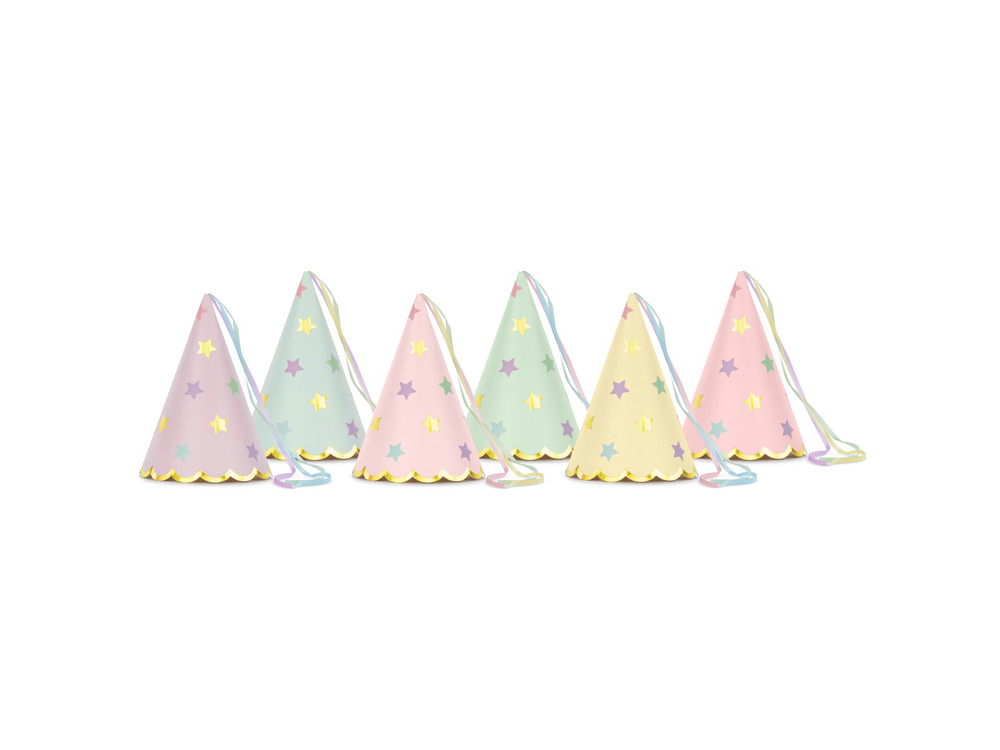 Party hats with stars - pastel, 6 pcs