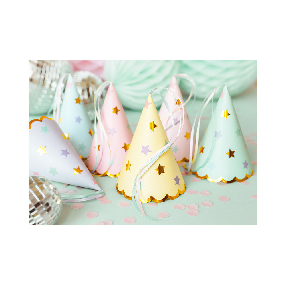 Party hats with stars - pastel, 6 pcs