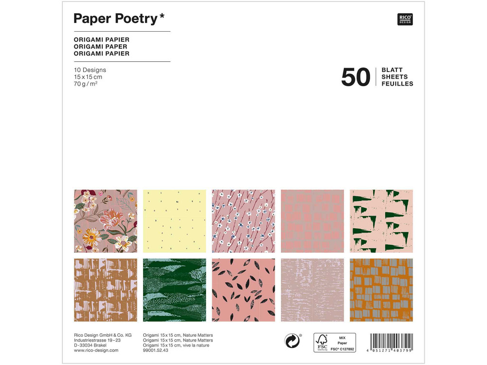 Papier origami Nature Matters - Paper Poetry - 70 g, 50 ark.