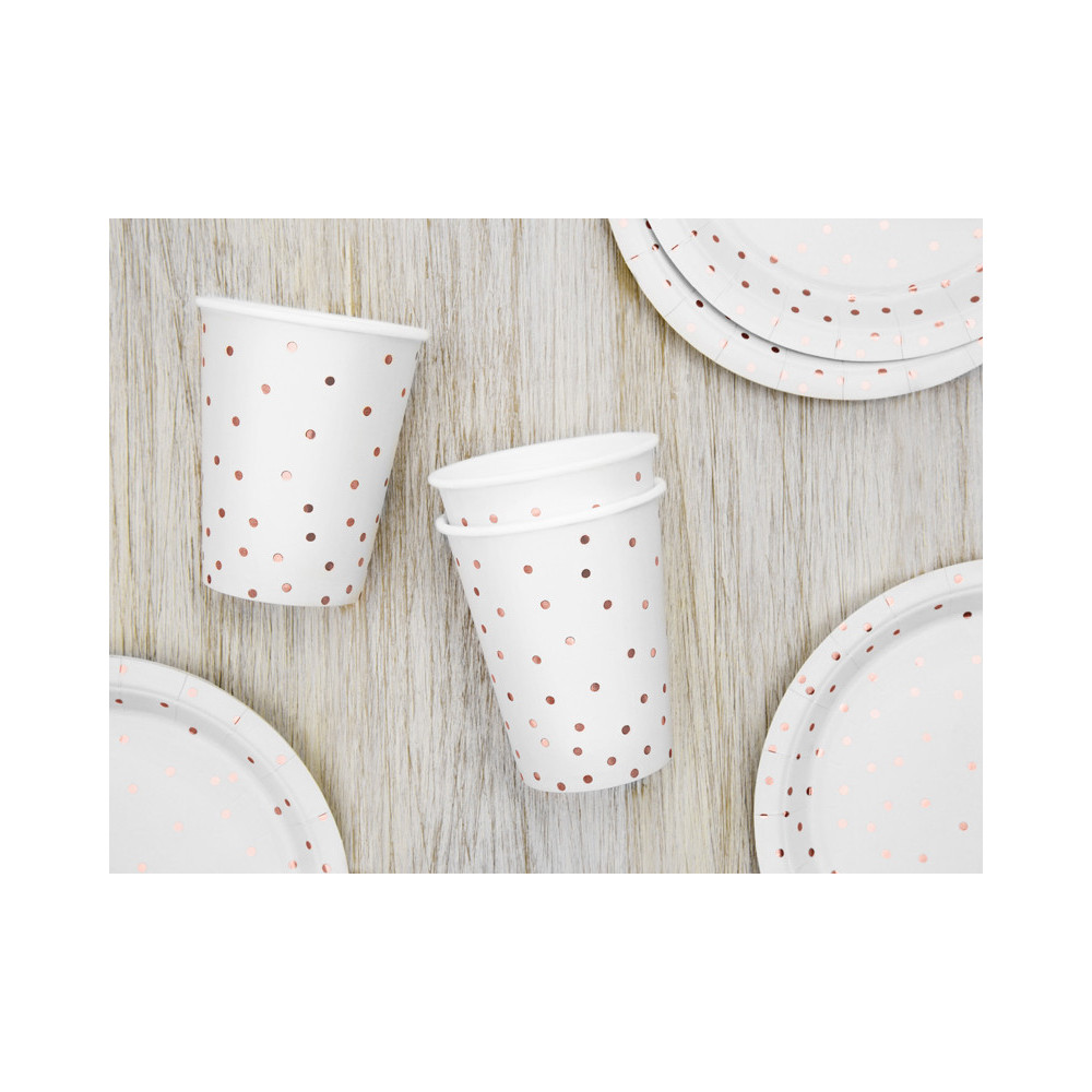 Paper cups with pink dots - white, 260 ml, 6 pcs.