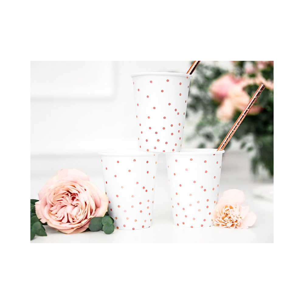 Paper cups with pink dots - white, 260 ml, 6 pcs.