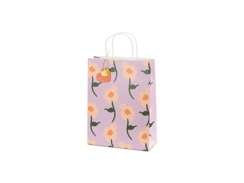 Gift paper bag, Flowers - pink, 10 x 24 x 32 cm