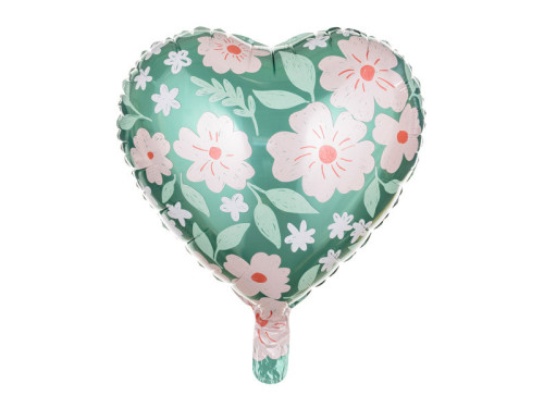 Foil balloon Heart with flowers - green, 35 cm
