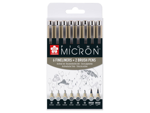 Set of Pigma Micron Fineliners and brush pens - Sakura - gray, 8 pcs.