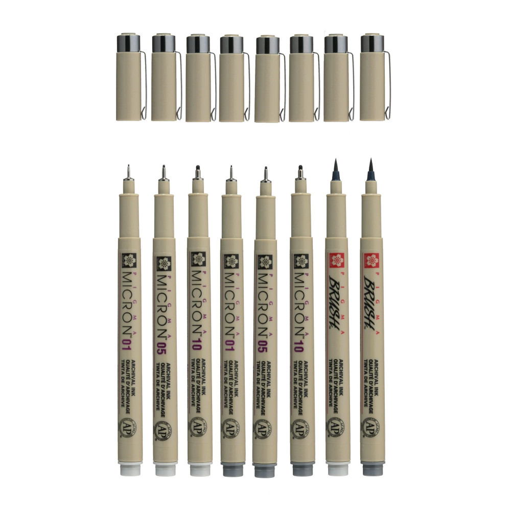 Set of Pigma Micron Fineliners and brush pens - Sakura - gray, 8 pcs.