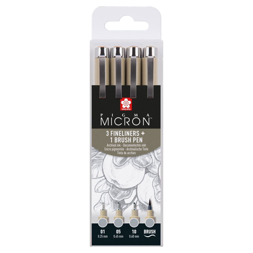 Set of Pigma Micron Fineliners and brush pens - Sakura - Light Cool Gray, 4 pcs.