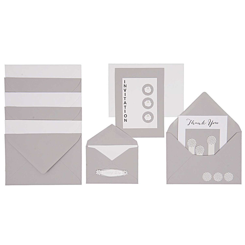 Set of folded cards and envelopes - Paper Poetry - White & Grey, B6, 18 pcs.