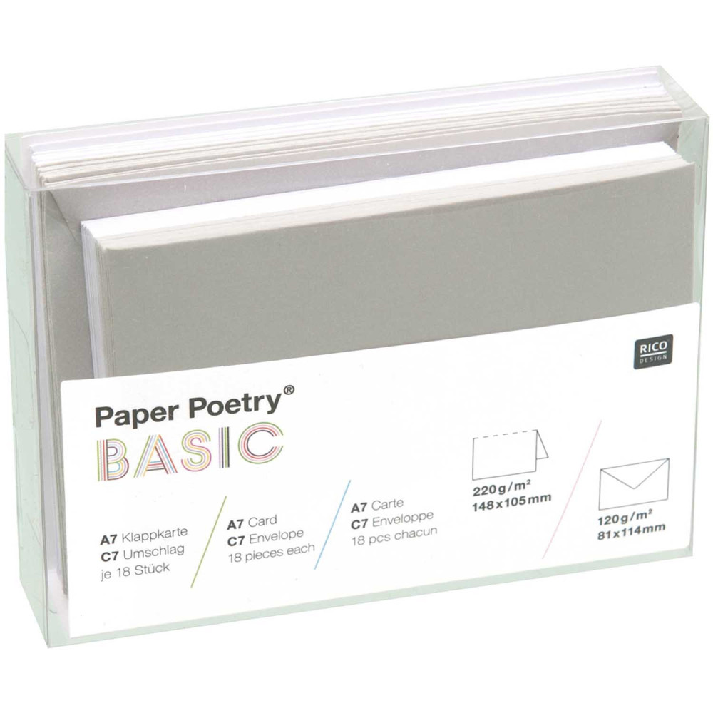 Set of folded cards and envelopes - Paper Poetry - White & Grey, C7, 18 pcs.
