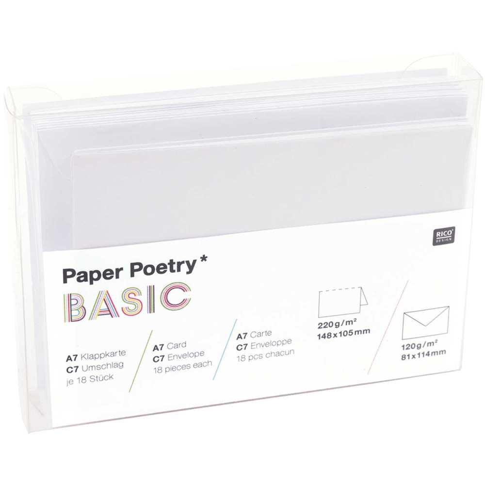 Set of folded cards and envelopes - Paper Poetry - White, C7, 18 pcs.