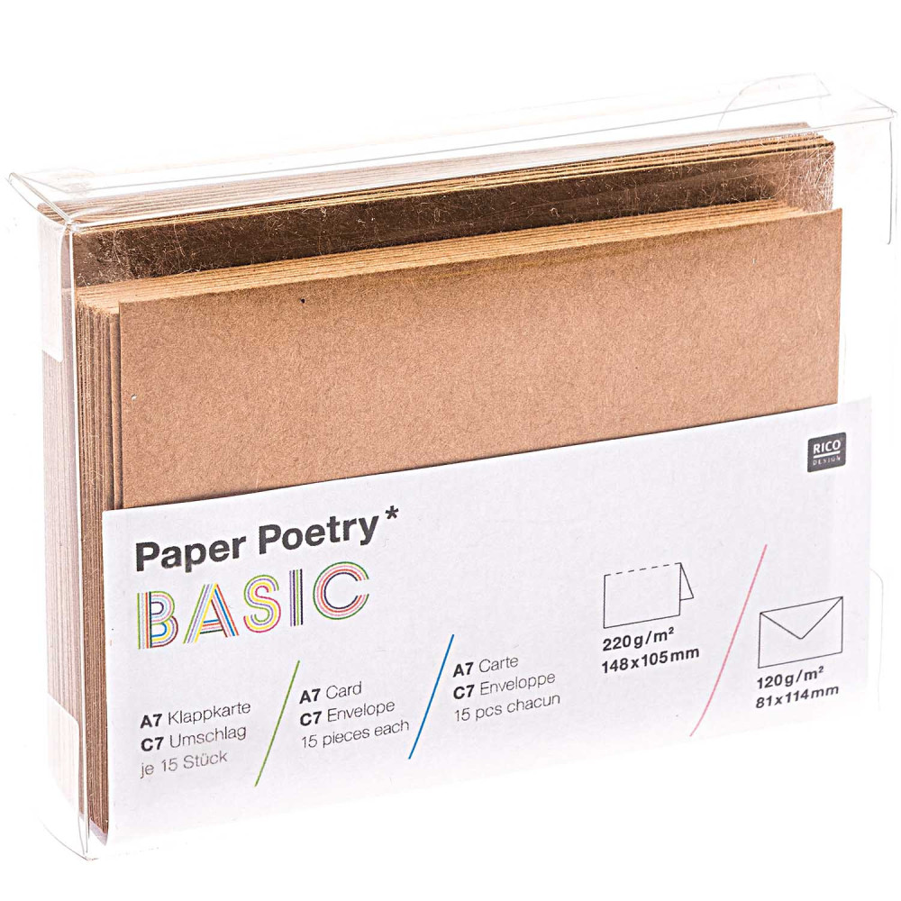 Set of folded cards and envelopes - Paper Poetry - Kraftpa, C7, 15 pcs.