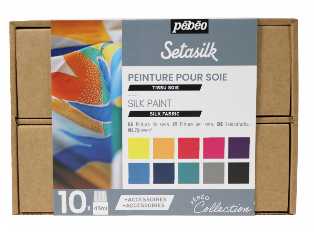 Zestaw farb do jedwabiu Setasilk z akcesoriami - Pébéo - 10 kolorów x 45 ml