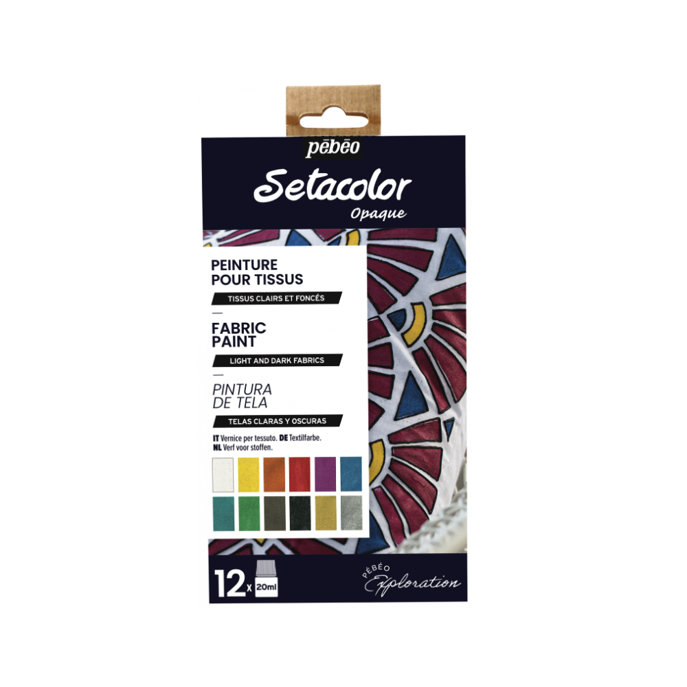 Zestaw farb do tkanin Setacolor Opaque - Pébéo - 12 błyszczących kolorów x 20 ml
