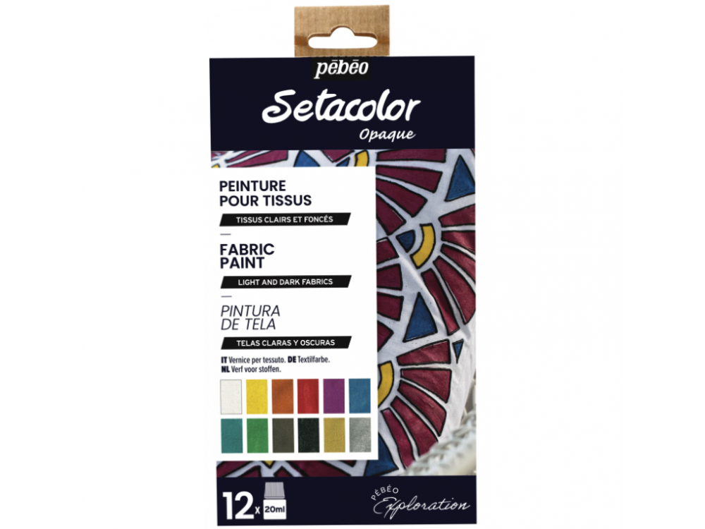 Zestaw farb do tkanin Setacolor Opaque - Pébéo - 12 błyszczących kolorów x 20 ml