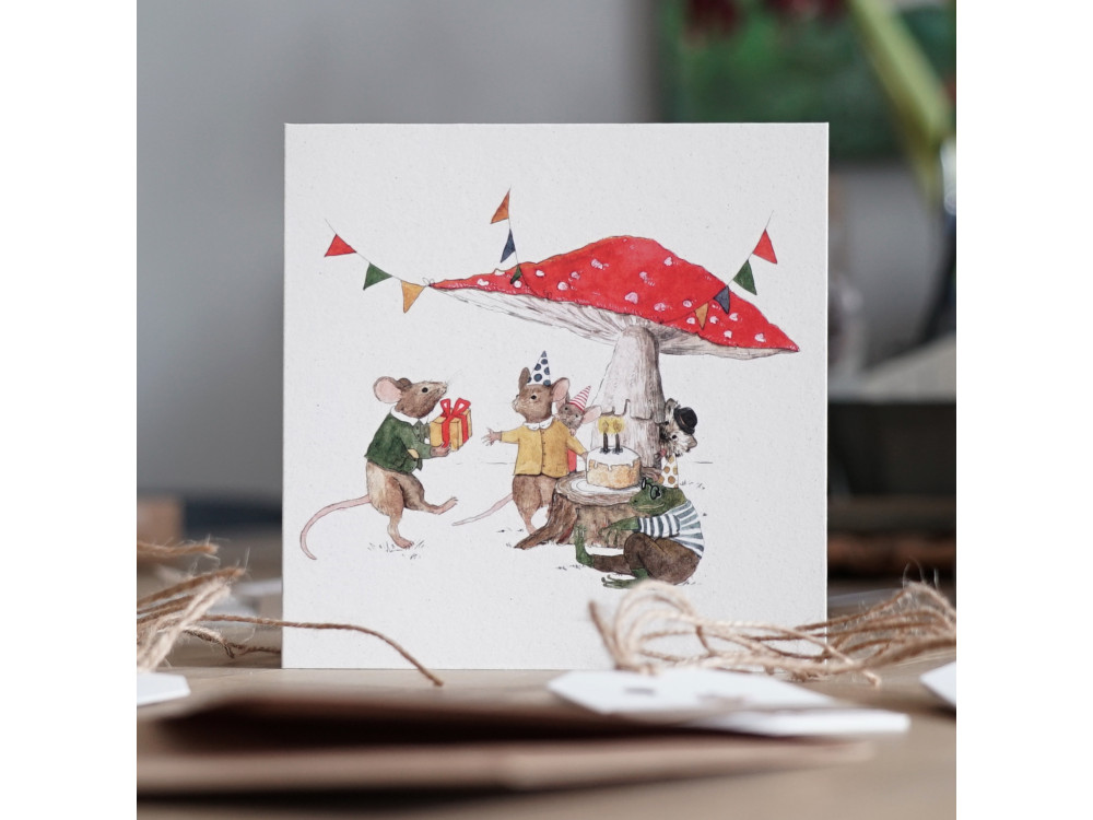 Greeting card - Hi Little - Under a toadstool, 14,5 x 14,5 cm