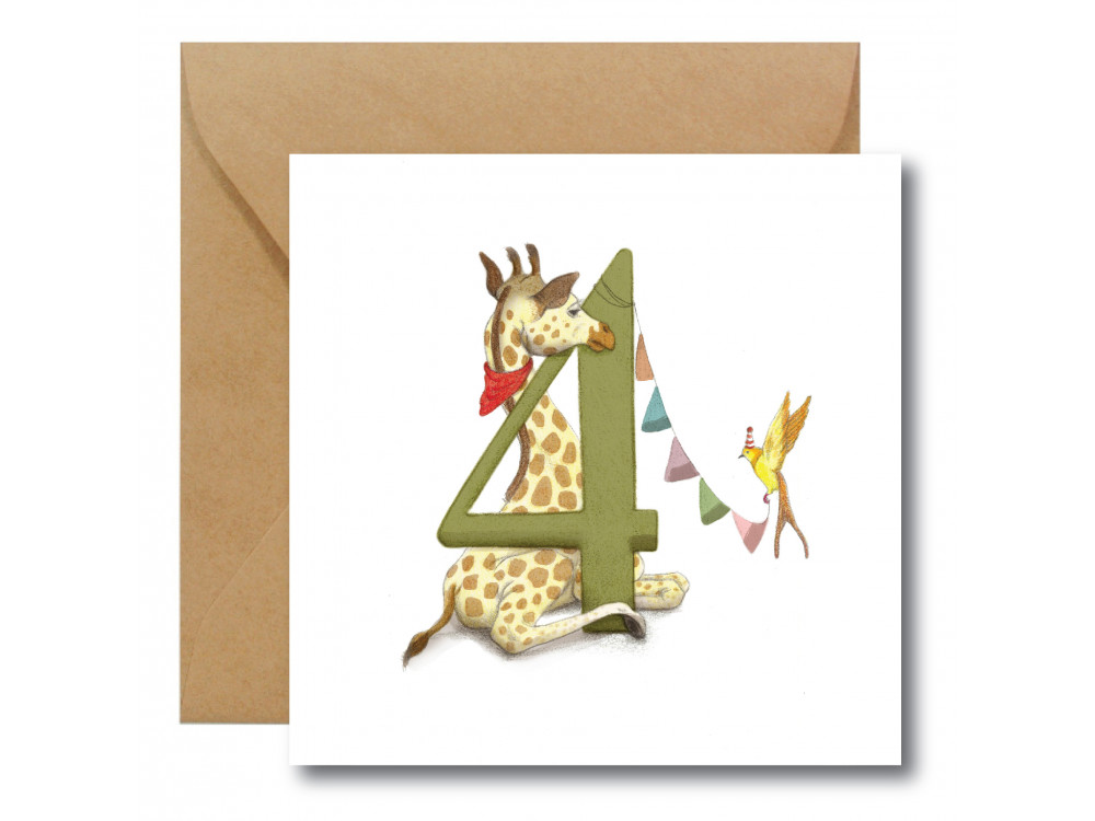Kartka okolicznościowa - Hi Little - Żyrafa, 4 urodziny, 14,5 x 14,5 cm