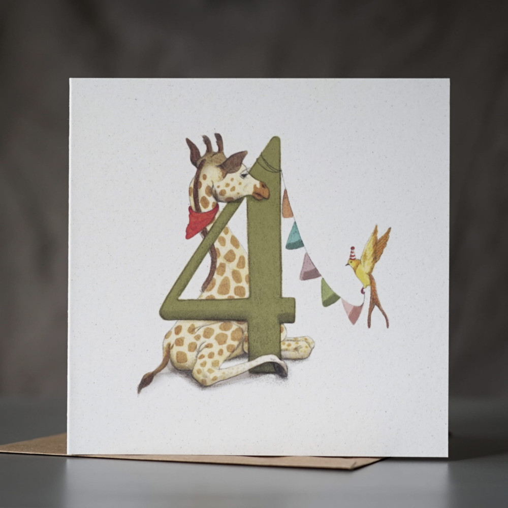 Kartka okolicznościowa - Hi Little - Żyrafa, 4 urodziny, 14,5 x 14,5 cm