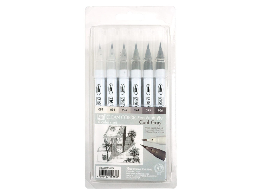 Set of Zig Clean Color Real Brush Pen - Kuretake - Cool Gray, 6 pcs.