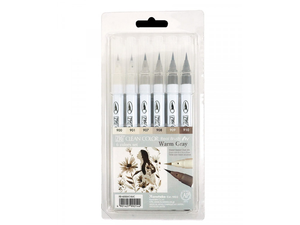 Set of Zig Clean Color Real Brush Pen - Kuretake - Warm Gray, 6 pcs.