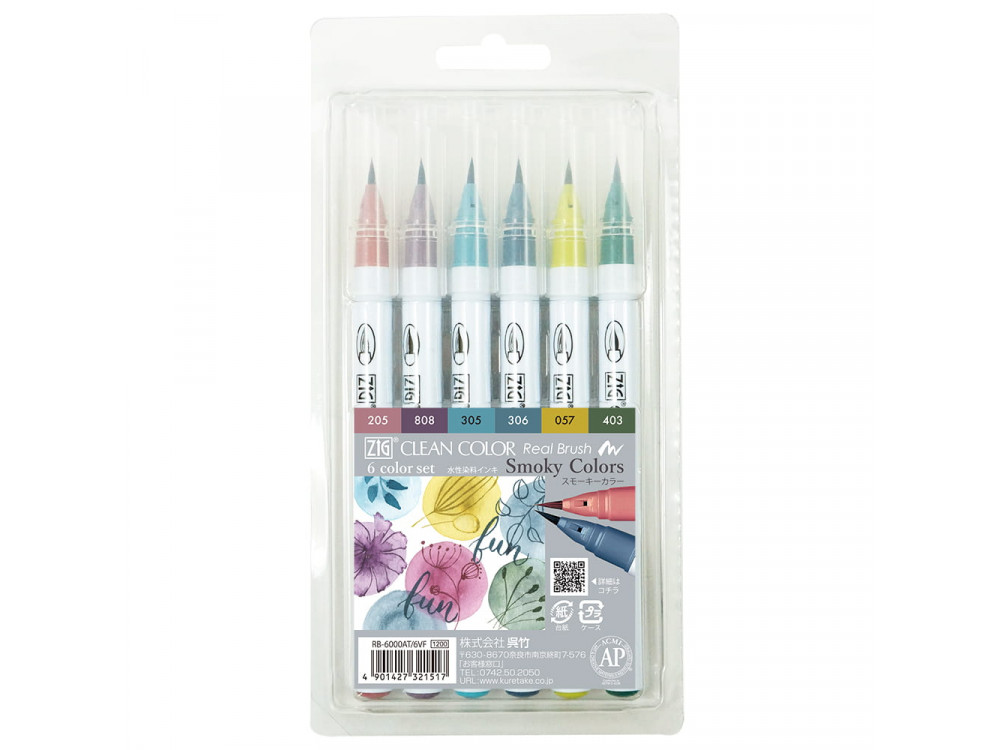 Zestaw pisaków Zig Clean Color Real Brush - Kuretake - Smoky, 6 szt.