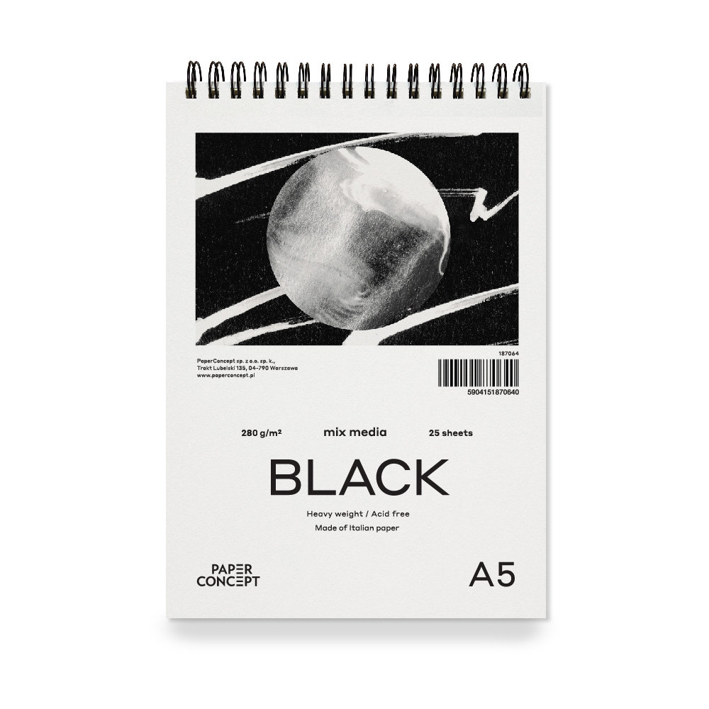Mix Media Black spiral paper pad - PaperConcept - smooth, A5, 280 g, 25 sheets