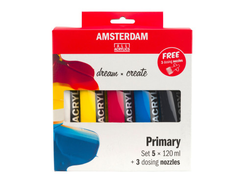 Zestaw farb akrylowych z dozownikami, Primary - Amsterdam - 5 kolorów x 120 ml