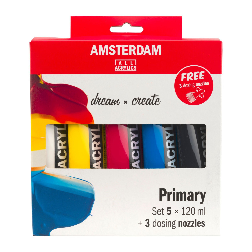 Set of acrylic paints with 3 noozles, Primary - Amsterdam - 5 colors x 120 ml