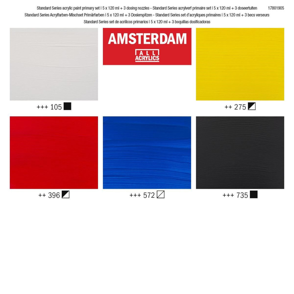 Zestaw farb akrylowych z dozownikami, Primary - Amsterdam - 5 kolorów x 120 ml
