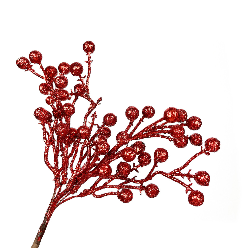 A sprig with glitter balls - red, 35 cm