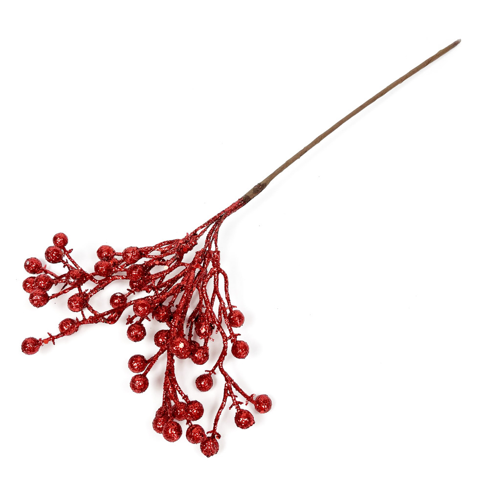 Gałązka z brokatowymi kulkami - czerwona, 35 cm
