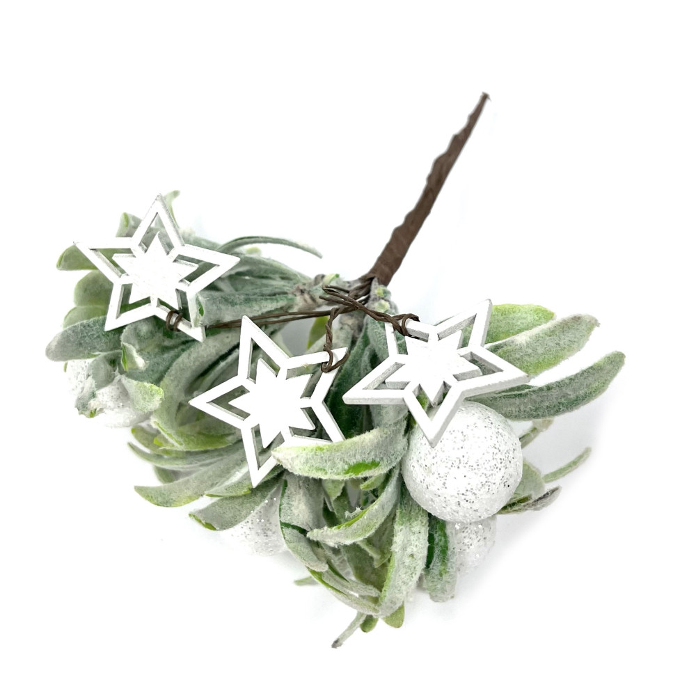 Sprig with glitter balls and stars - white, 15 cm