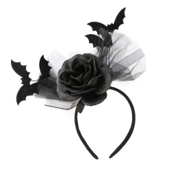 Opaska na Halloween, Róża i nietoperze - czarna, 26 x 21 cm