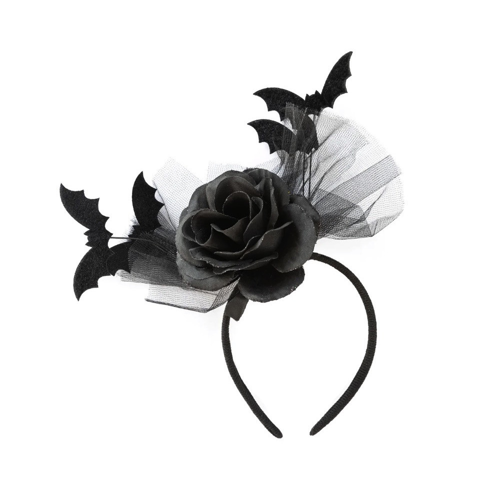 Opaska na Halloween, Róża i nietoperze - czarna, 26 x 21 cm