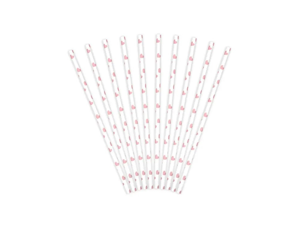 Słomki papierowe w serduszka - biało-różowe, 19,5 cm, 10 szt.