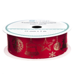 Decorative satine ribbon, Lovable Christmas - DpCraft - red, 25 mm x 5 m