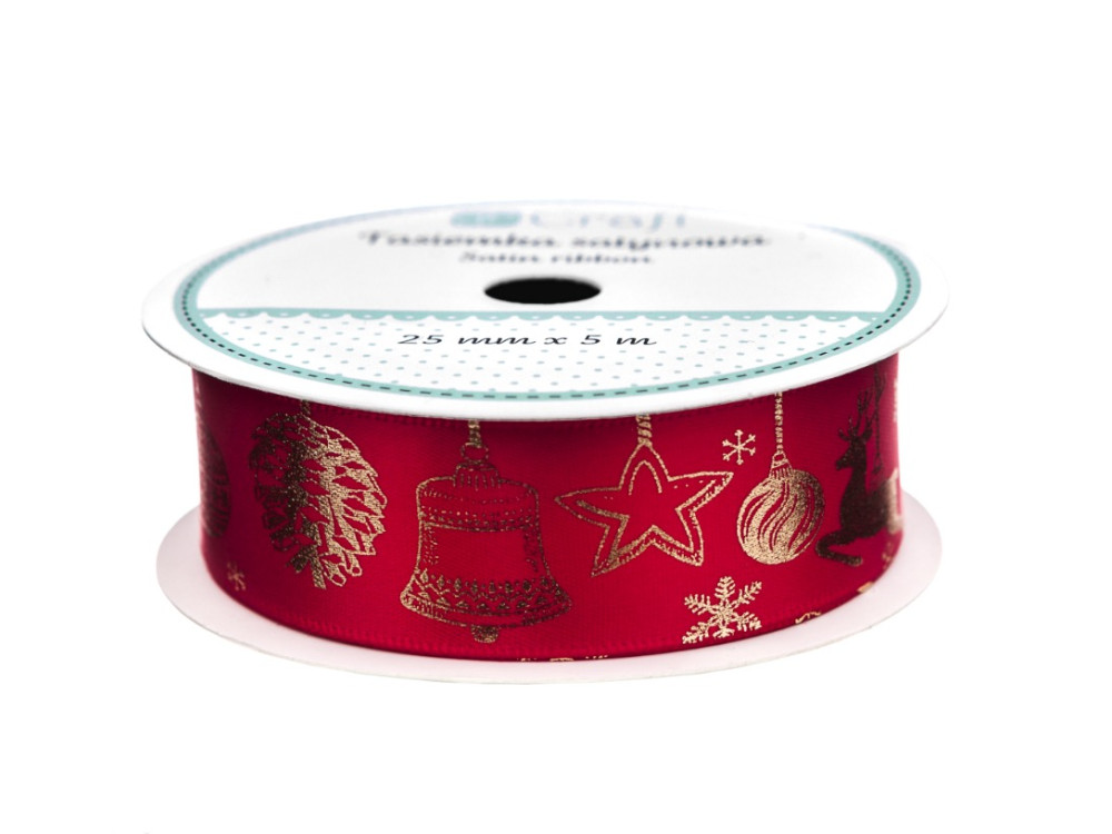 Decorative satine ribbon, Lovable Christmas - DpCraft - red, 25 mm x 5 m
