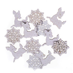 Wooden roe deer and snowflakes with glitter - DpCraft - white, 12 pcs.