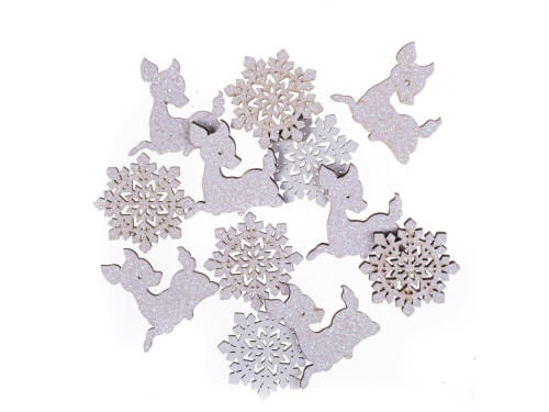 Drewniane sarenki i śnieżynki z brokatem - DpCraft - białe, 12 szt.