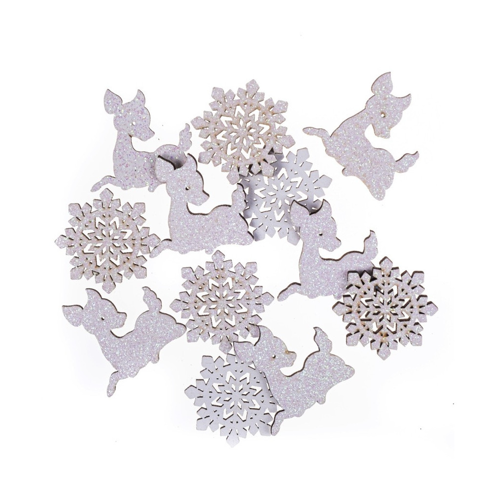 Wooden roe deer and snowflakes with glitter - DpCraft - white, 12 pcs.
