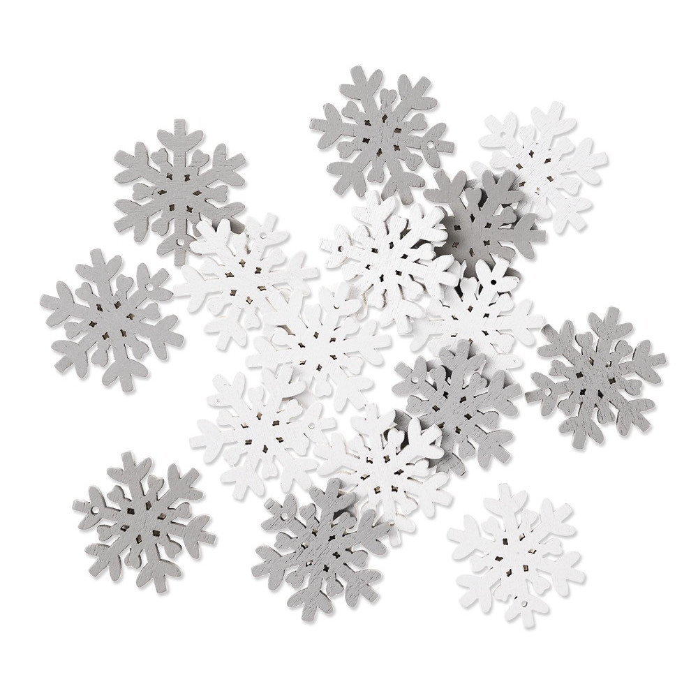 Drewniane Śnieżynki, samoprzylepne - DpCraft - białe i szare, 16 szt.