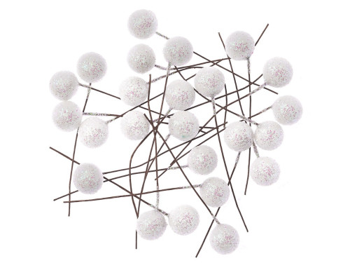 Owoce ostrokrzewu z brokatem - DpCraft - białe, 1,2 cm, 24 szt.