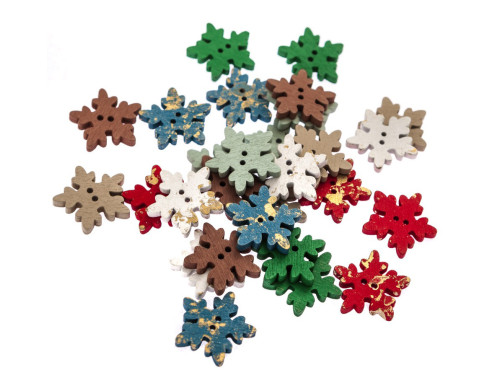 Guziki drewniane, Śnieżynki - DpCraft - złocone, 2,5 cm, 28 szt.