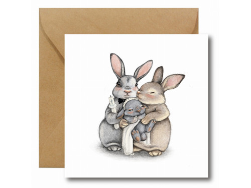 Kartka okolicznościowa - Hi Little - Chrzest, króliczki, 14,5 x 14,5 cm