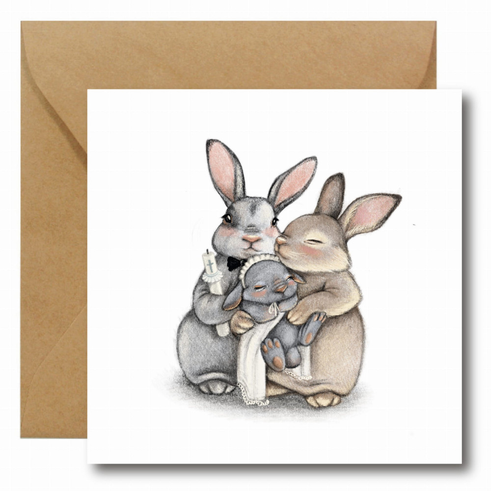Greeting card - Hi Little - Baptism, rabbits, 14,5 x 14,5 cm
