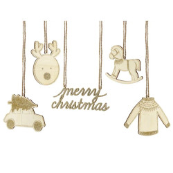 Wooden hanging decorations with glitter - gold, 10 pcs.
