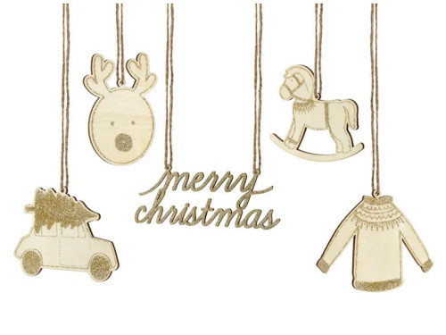 Wooden hanging decorations with glitter - gold, 10 pcs.